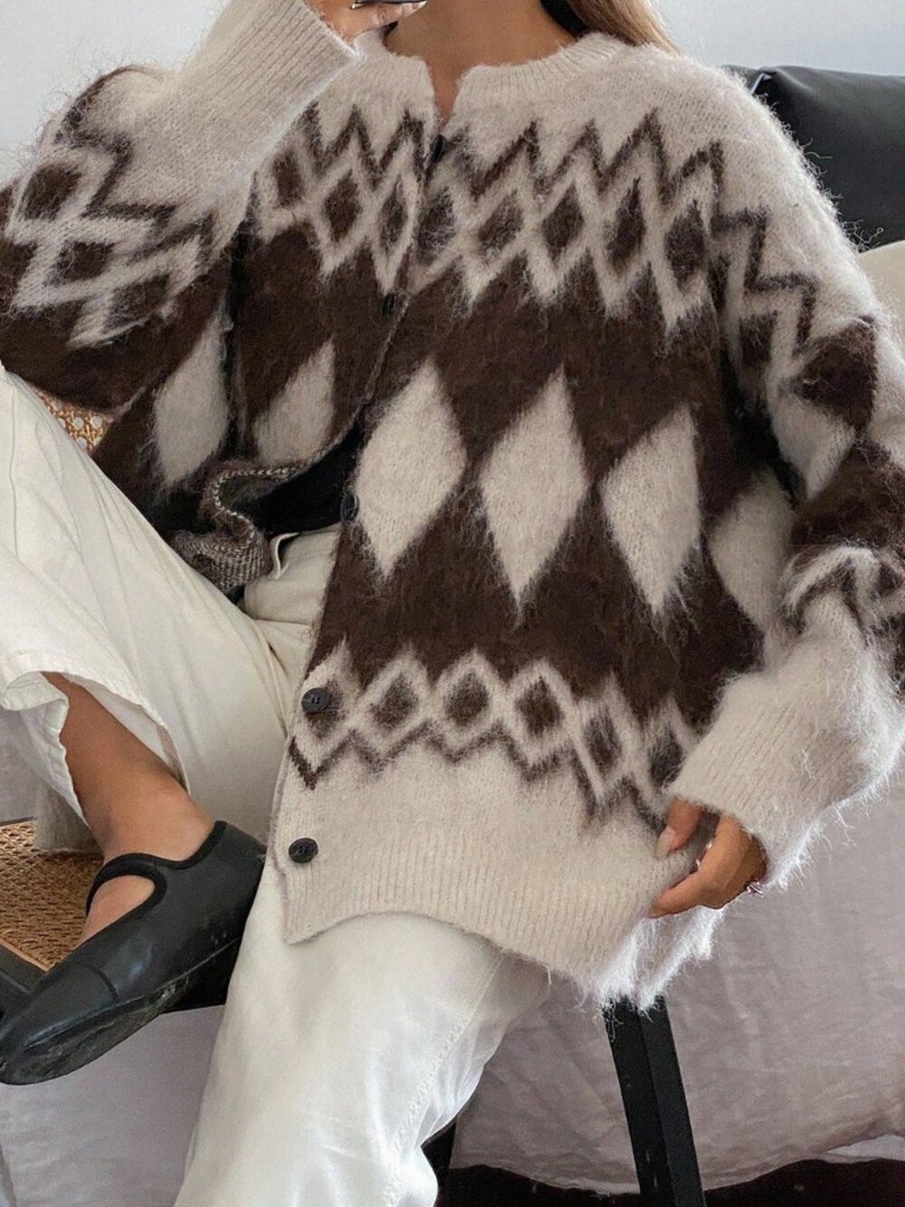 Brown Casual Women's Geometric Pattern Colorblock Thick Knit Cardigan